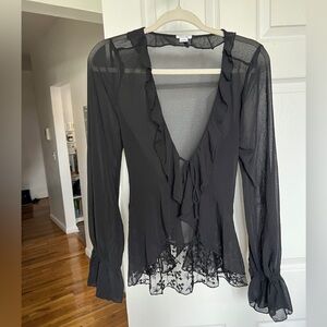 Kimchi Blue Black Sheer Ruffle V-Neck Lace-Hem Blouse